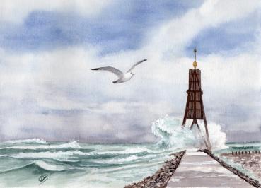 Poster DIN-A4 Aquarell Maritim Kunst Druck Kunstdruck Nordsee Cuxhaven Insel Neuwerk Möwe Watt Meer Bake